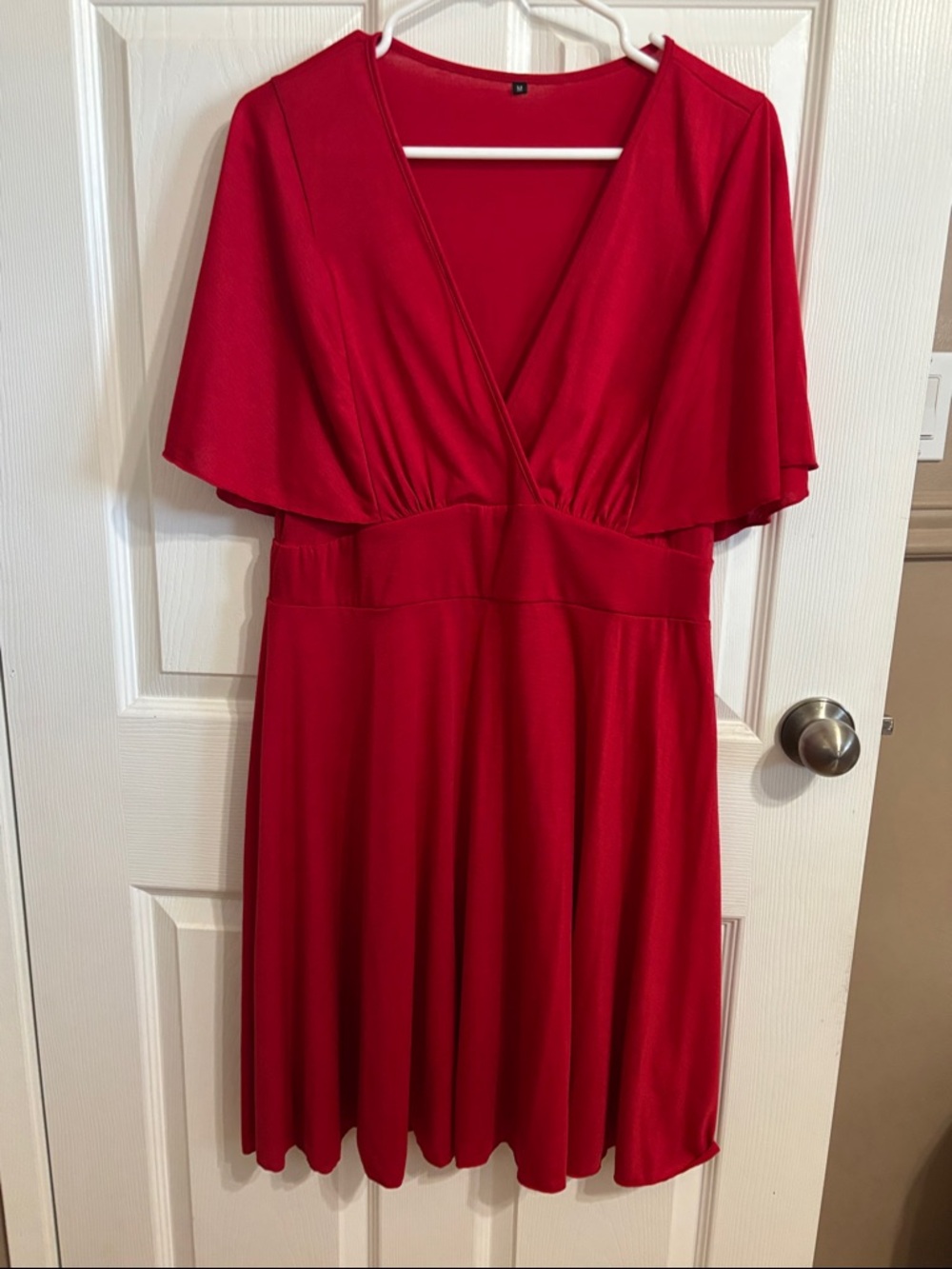 Red V-Neck Flutter Sleeve Dress